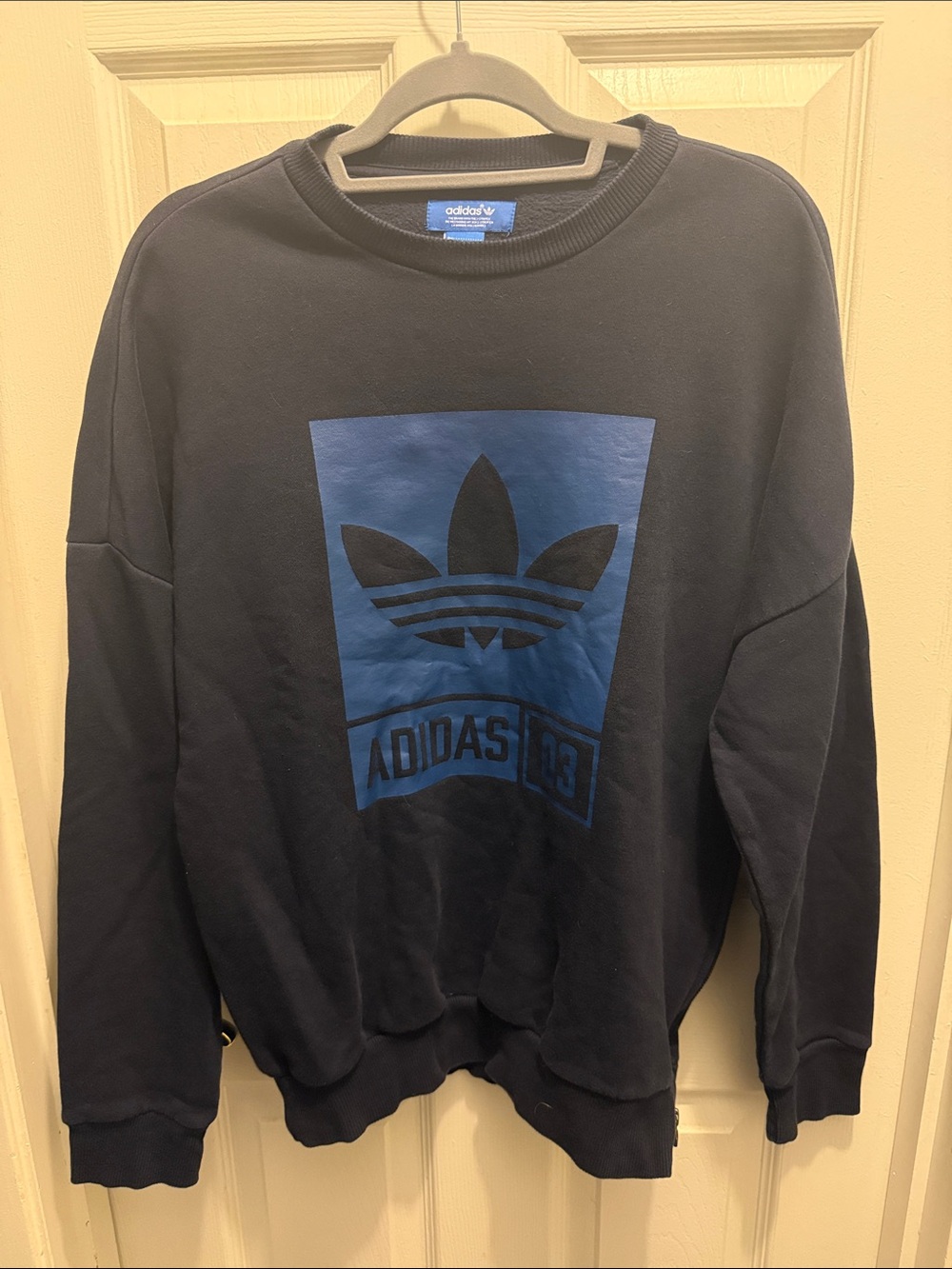 adidas Navy Blue Trefoil Graphic Crewneck Sweatshirt with Side Zip